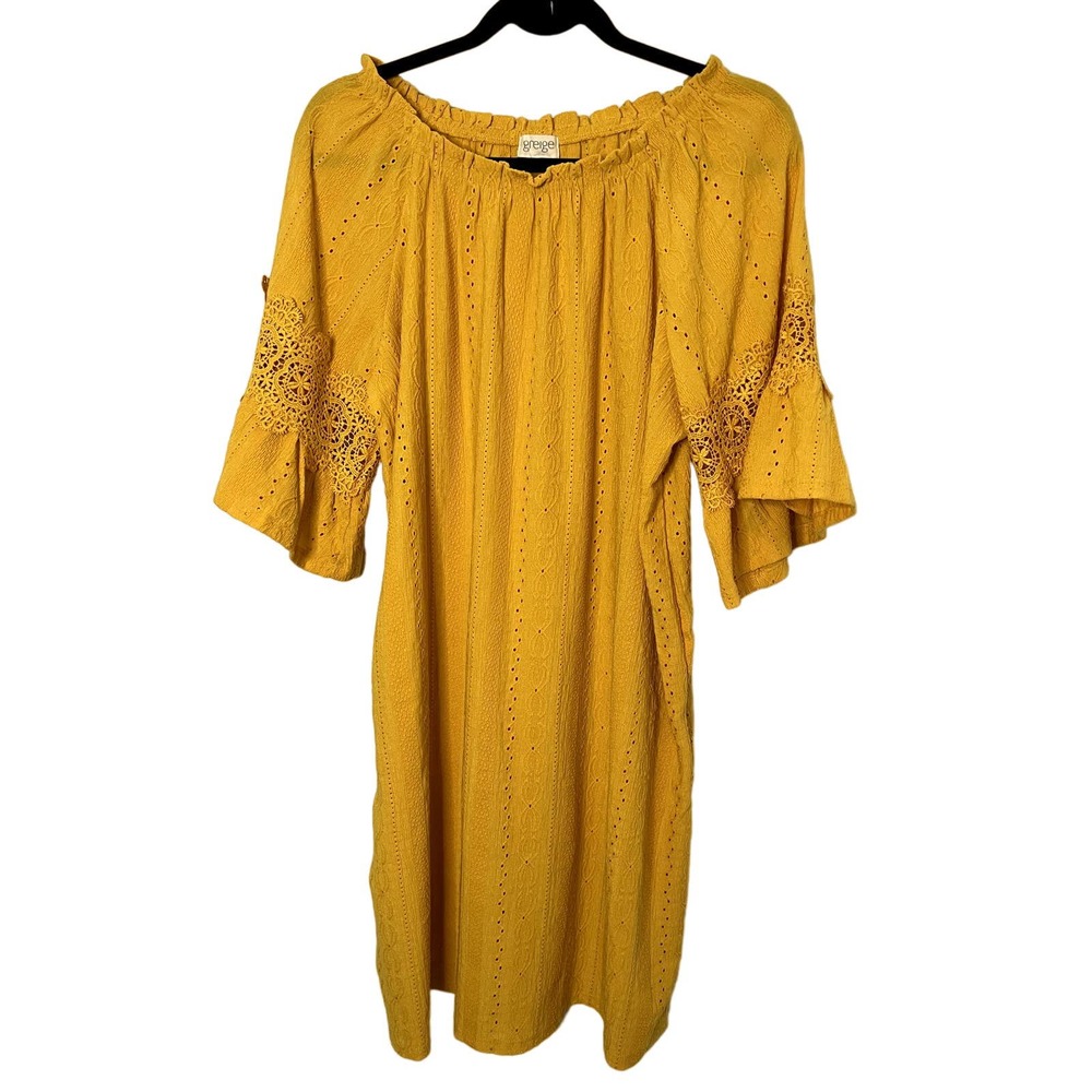 Greige dress, sz Large, yellow eyelet design throughout, NWOT